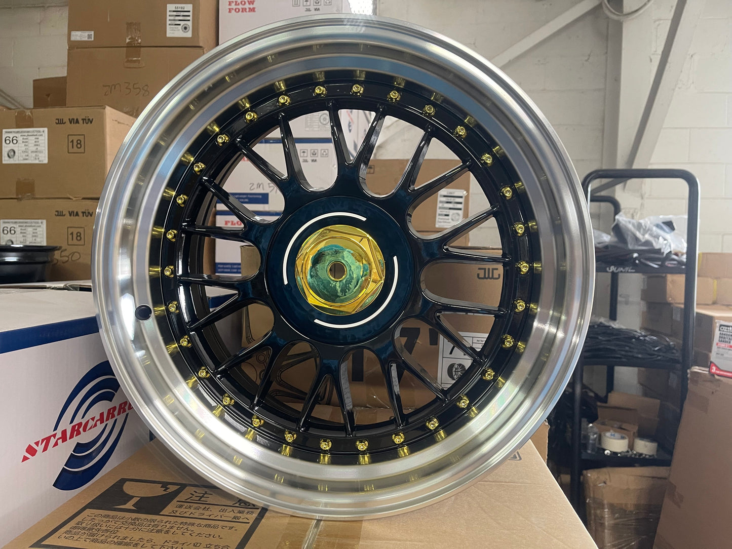 17x8.5 Alloy Wheels 4x100 / 5x100 ET20 Black Gold Rivets – Set of 4