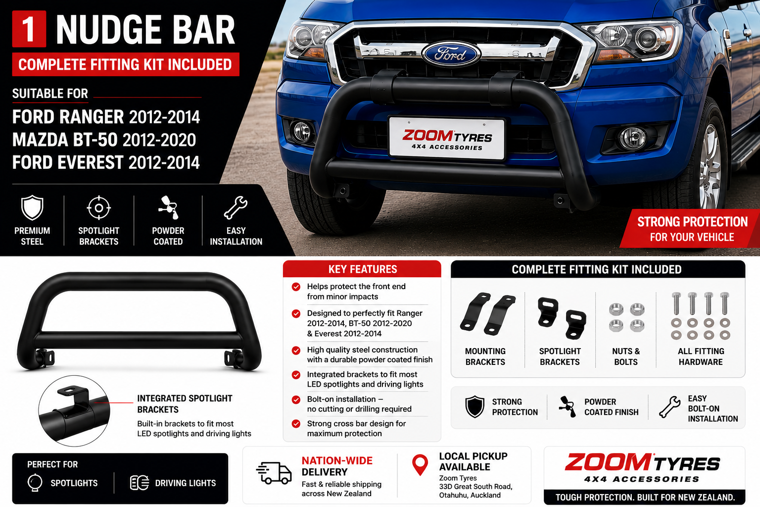 Nudge Bar - Suitable for Ford Ranger 2012-2014 Or Mazda BT50 2012-2020 Or Ford Everest  2012-2014 Zoom Tyres Otahuhu