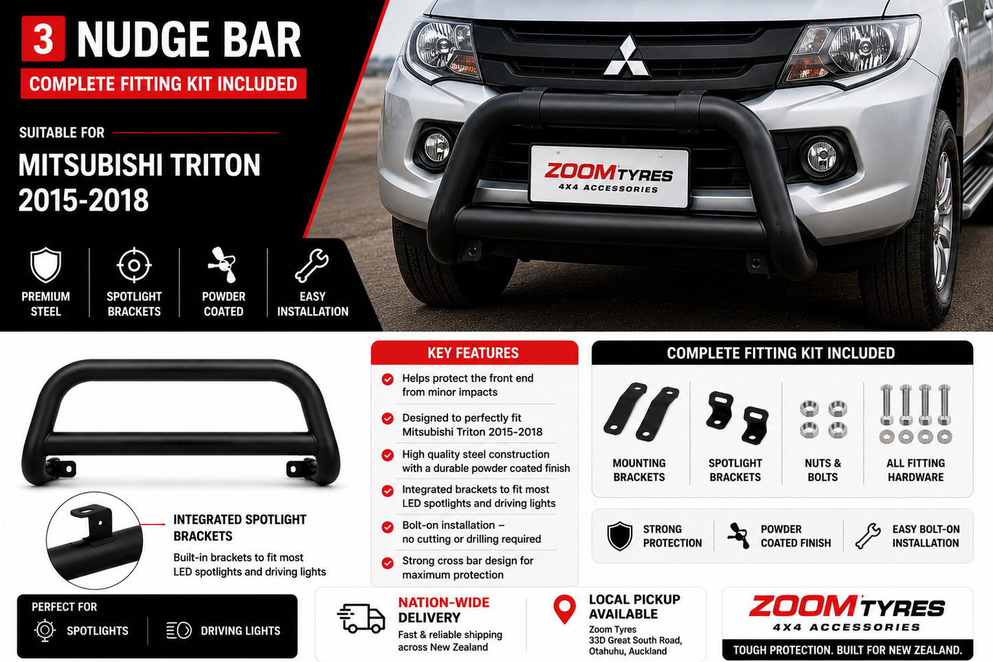 Nudge Bar - Suitable for Mitsubishi Triton 2015-2018 Zoom Tyres Otahuhu