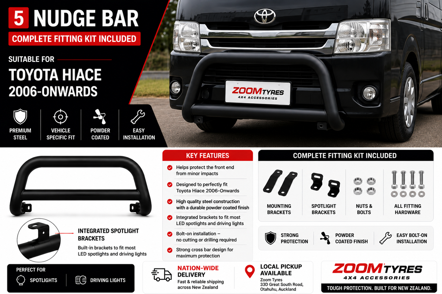 Nudge Bar - Suitable for Toyota Hiace 2006-2018 Black Zoom Tyres Otahuhu