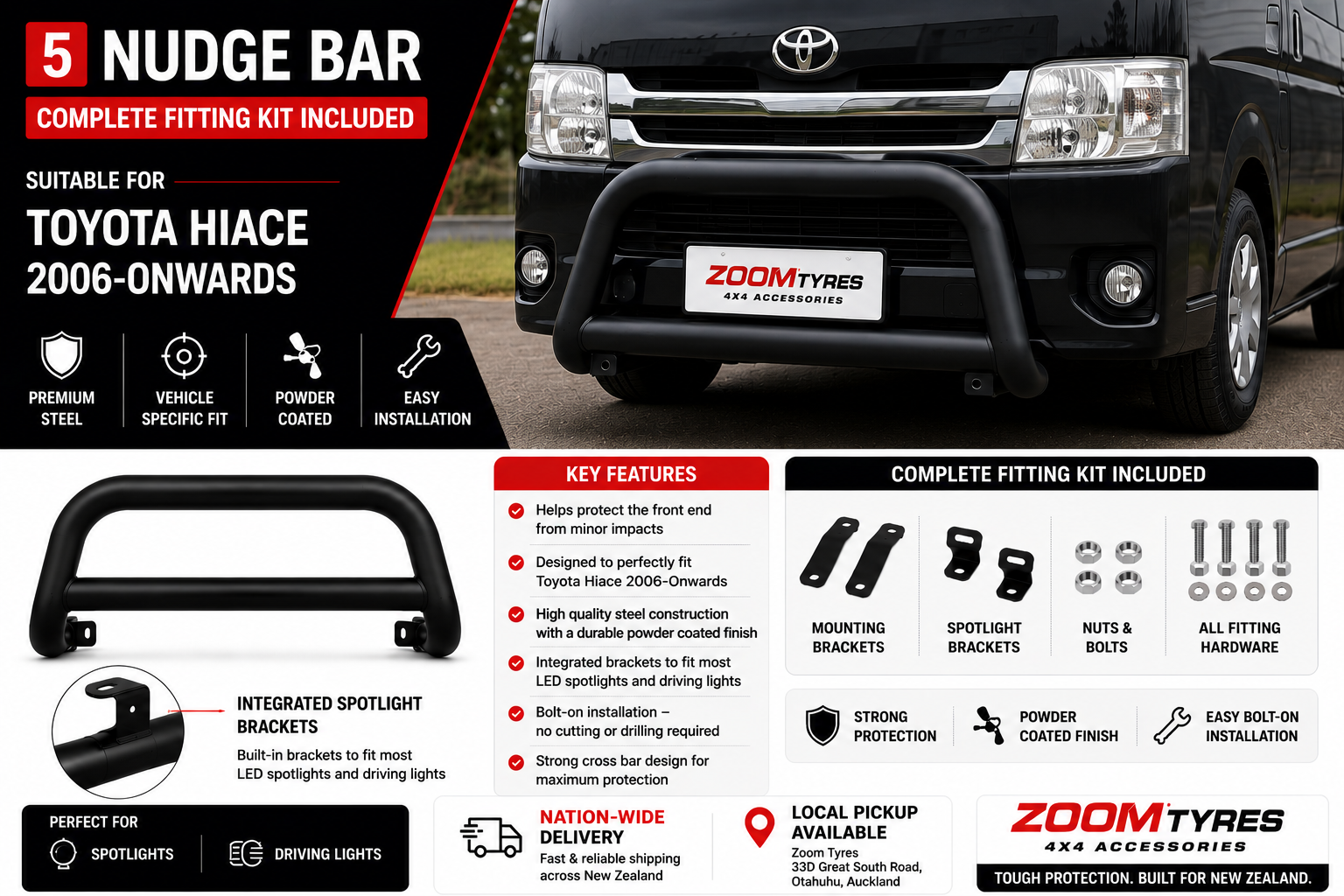 Nudge Bar - Suitable for Toyota Hiace 2006-2018 Black Zoom Tyres Otahuhu
