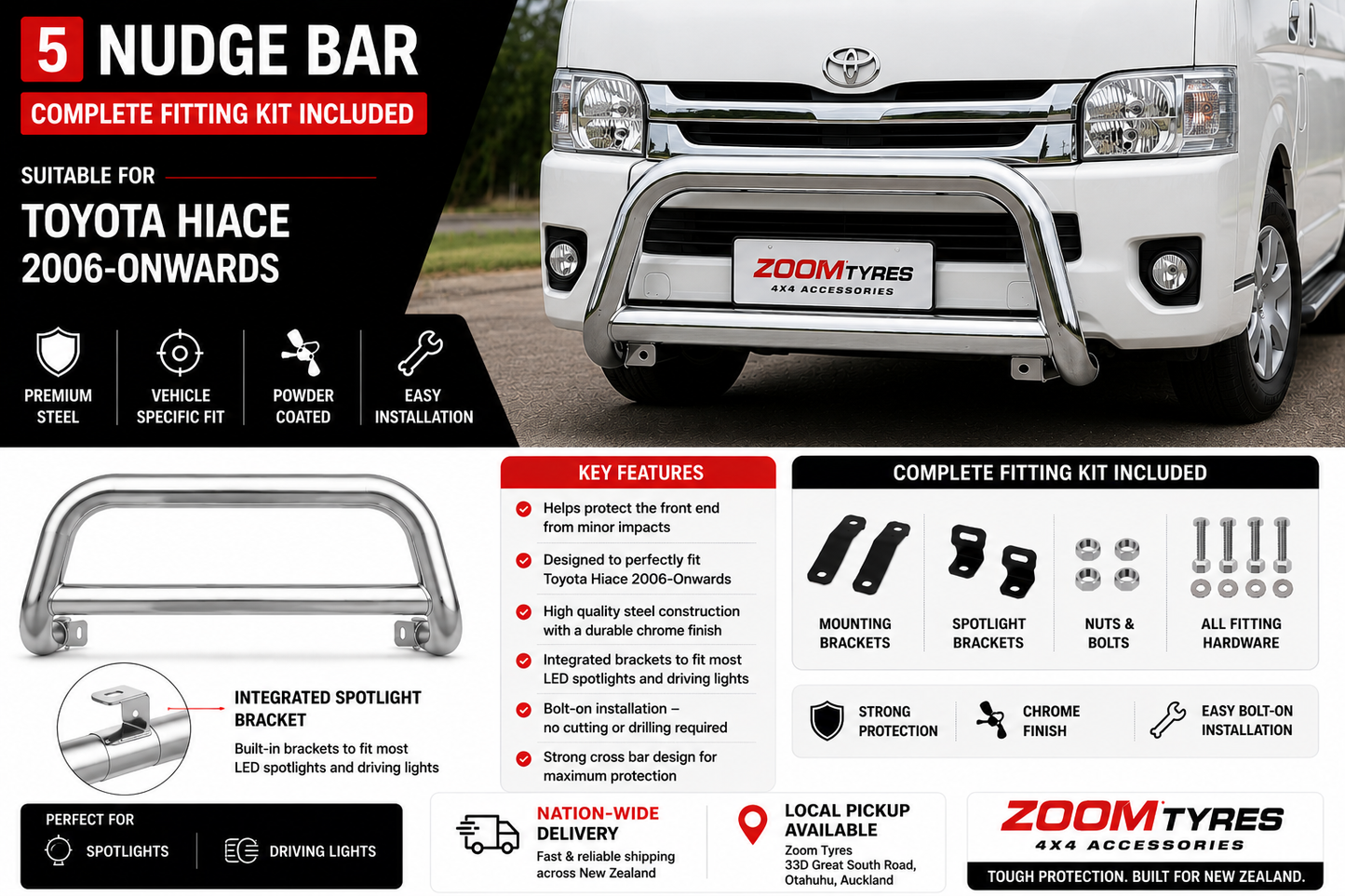 Nudge Bar with Spotlight Brackets Suitable for Toyota Hiace 2006-2018 Chrome Zoom Tyres Otahuhu