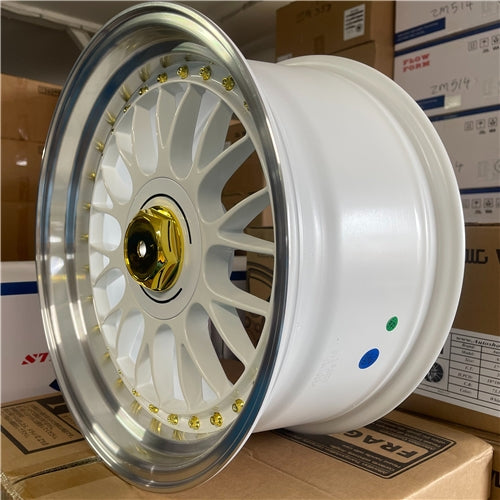 17x8.5 White Alloy Wheels 4x100 / 5x100 ET20 Gold Rivets – Set of 4